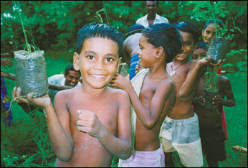 Children with Moringa saplings